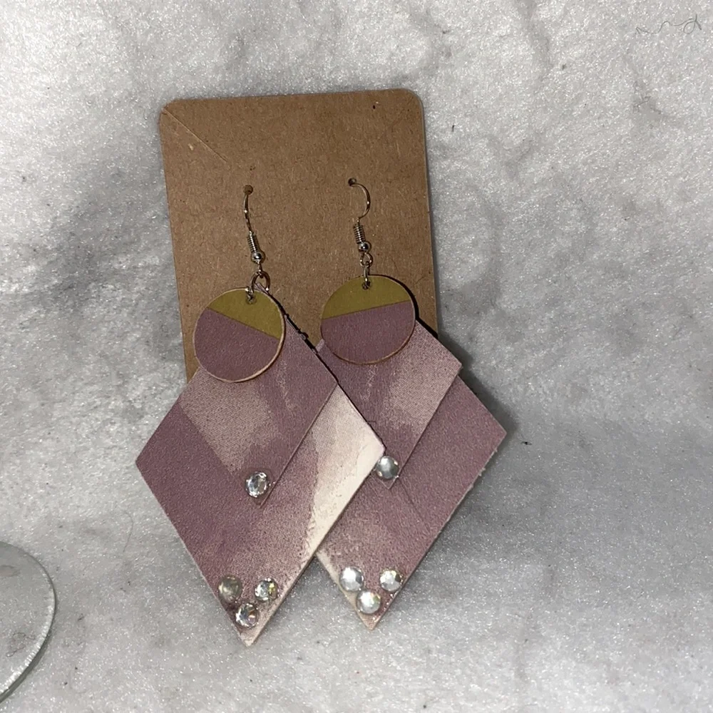 Handcrafted Lavender Triangle Wood Dangle Earrings Boho Hippie Rhinestone 3" Dro - Picture 5 of 7